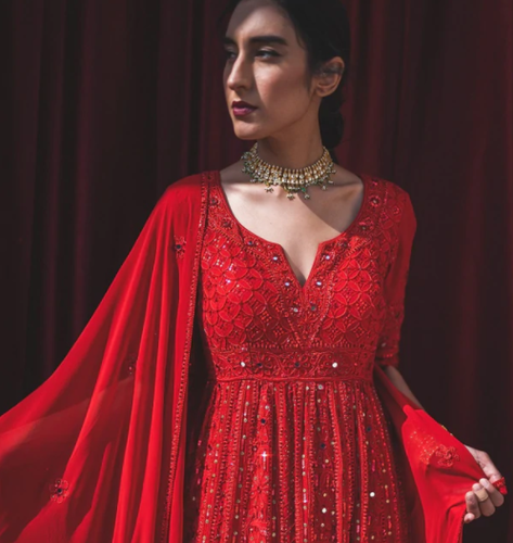 fitted lace wedding dress Red Anarkali Suit main image 0